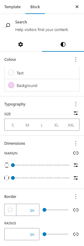 A website editor with options for search, color, typography size, dimensions, margin, border, and radius settings.