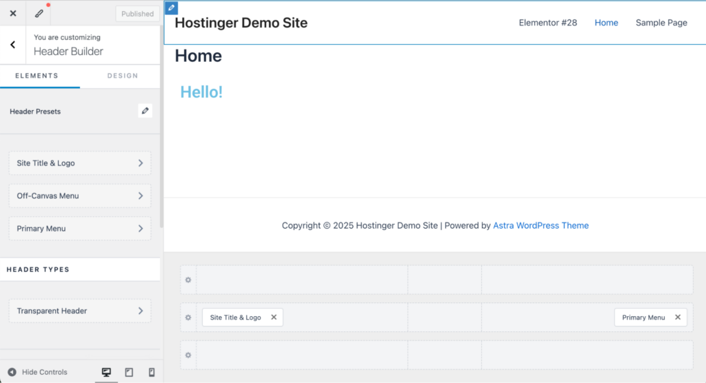 WordPress Customizer interface with the Astra theme, showing header presets and options to add custom elements and widgets to the header.