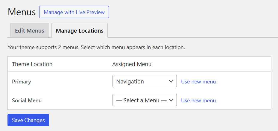 WordPress Customizer interface showing menu location options