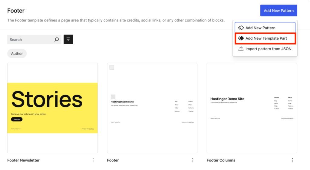 WordPress Site Editor 'Add New Template Part' option highlighted for creating custom header or footer designs