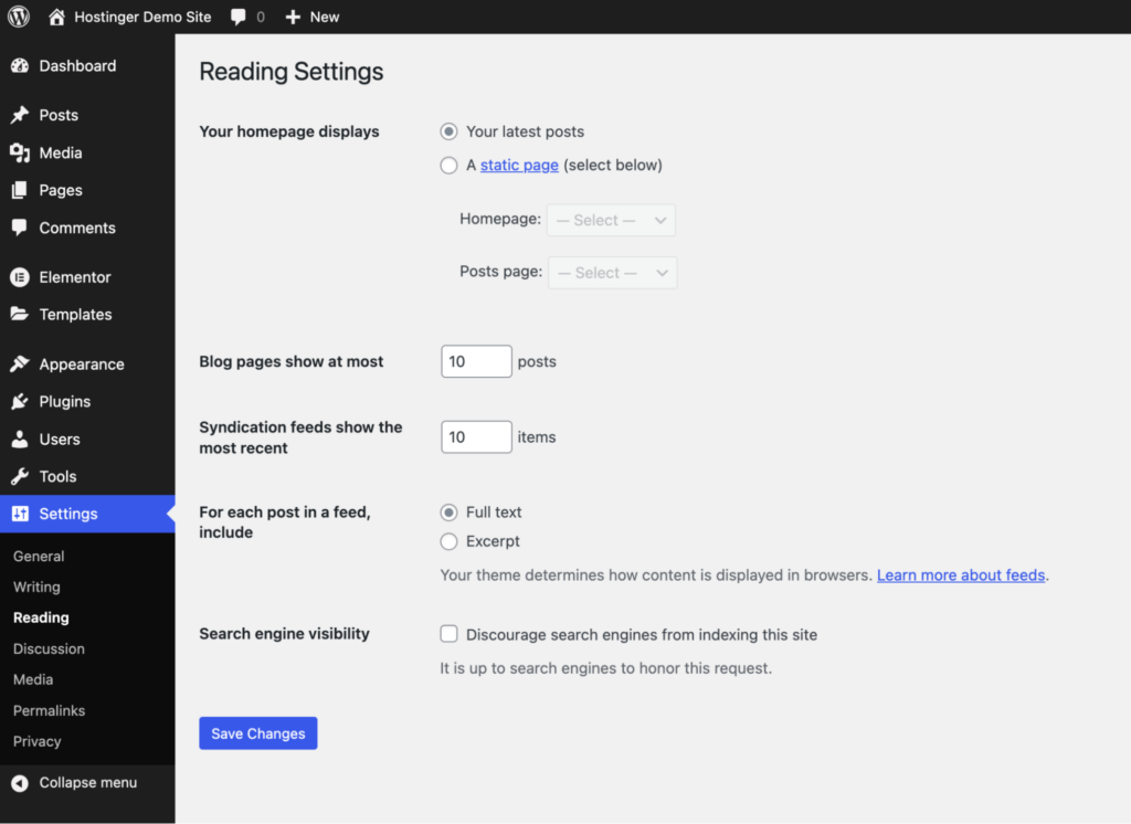 WordPress dashboard showing how to set the homepage