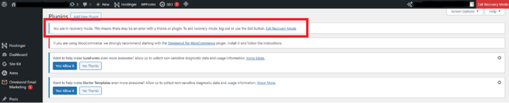 WordPress Plugins page displaying a recovery mode message with options to exit and admin recommendations.