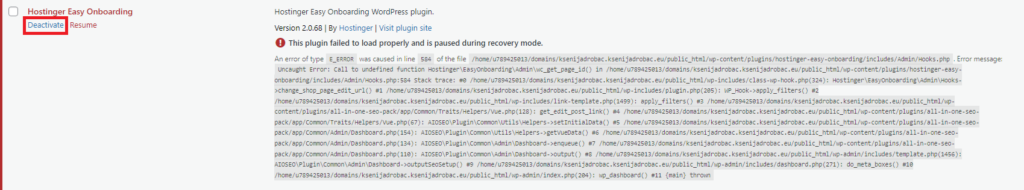Error message from the Hostinger Easy Onboarding WordPress plugin, indicating it failed to load and is paused in recovery mode.
