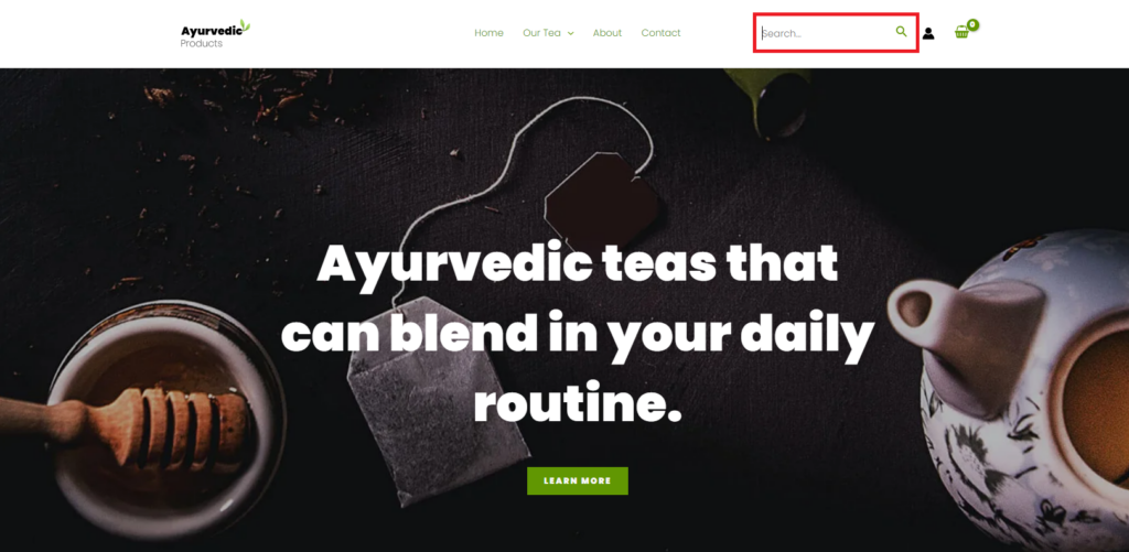 A dark-themed webpage showcasing Ayurvedic teas with a cup, tea bags, and honey, with the search bar highlighted in red rectangle.