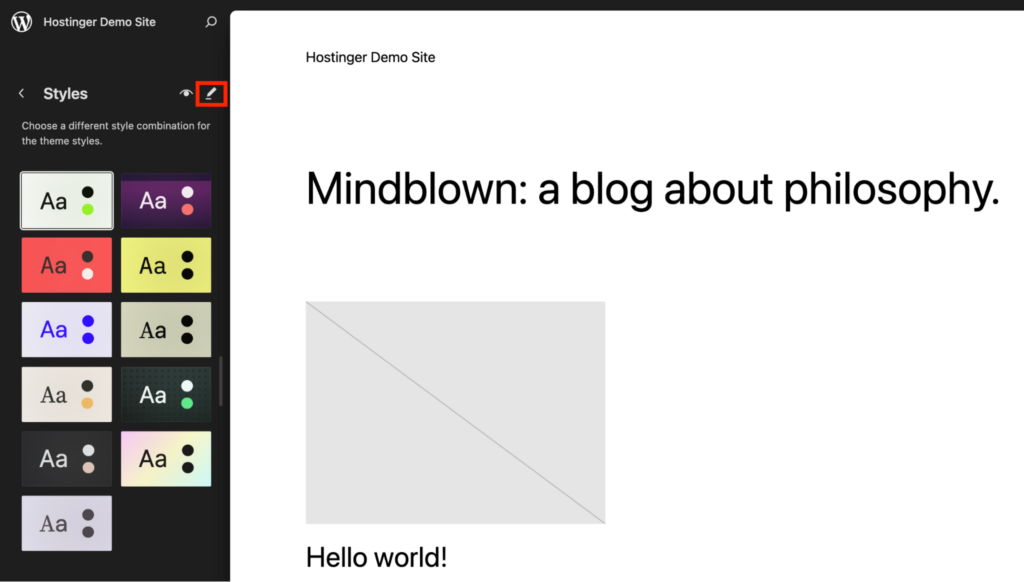 Clicking the Edit Styles icon in the WordPress Site Editor to preview and choose color schemes and presets
