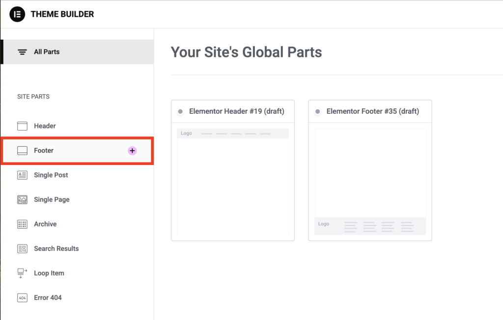 Elementor Theme Builder interface with the Footer option selected in the left sidebar for customization