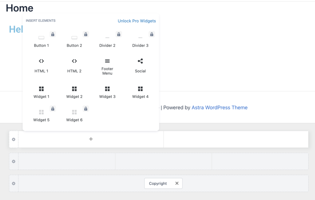 WordPress Customizer with the Astra theme, displaying options to add additional widgets and buttons to the footer area