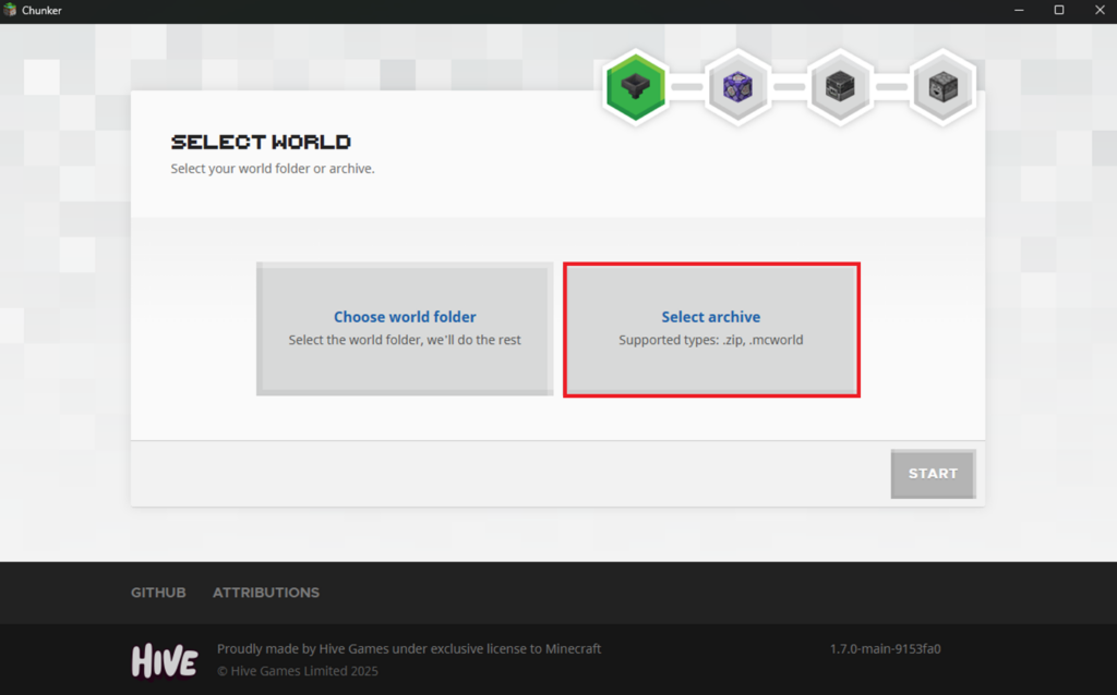 Chunker's visual interface with the Select archive option highlighted.