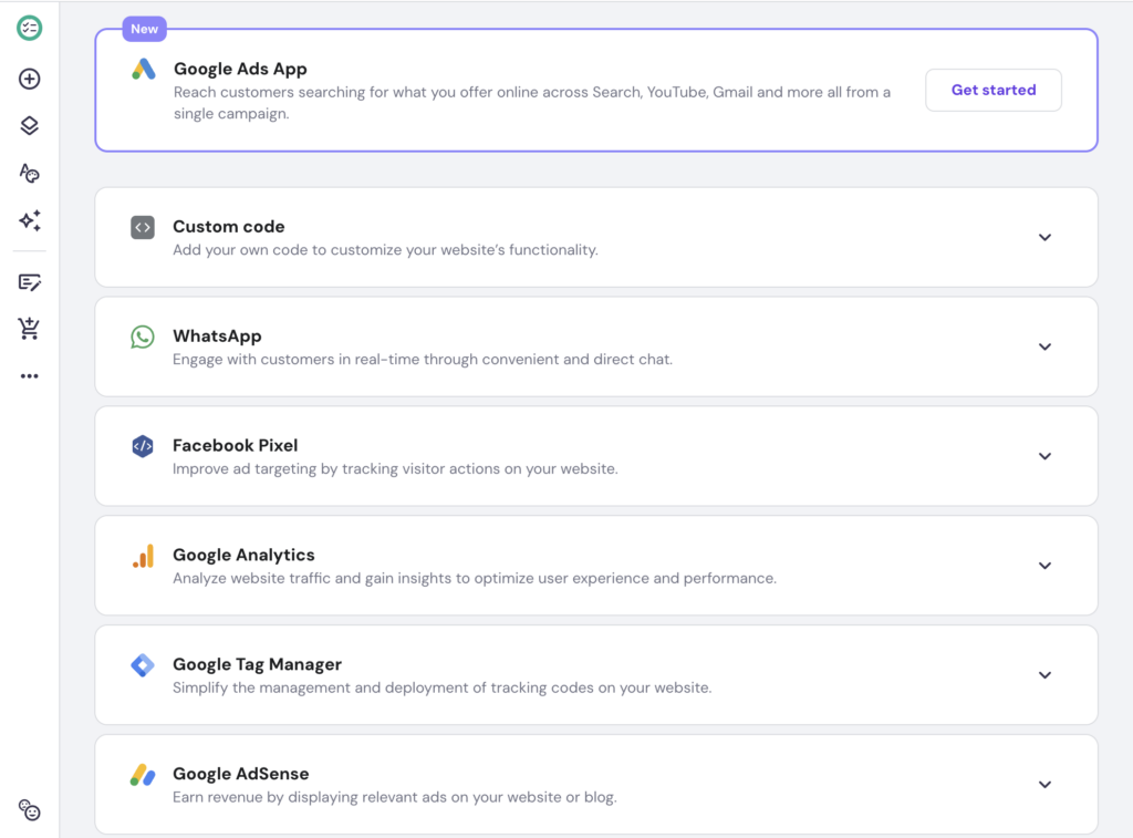 A partial list of available integrations in Hostinger Website Builder