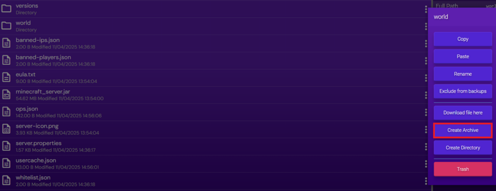 Image of the Minecraft Instance's built-in File Manager interface with the world folder selected and "Create Archive" option highlighted.