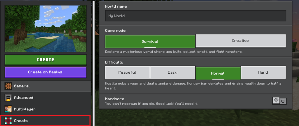 Image highlighting the Cheats section in Minecraft Bedrock world creation, where some of the game rules are stored.