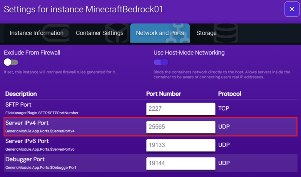 Visual of the Minecraft Bedrock instance's network configuration interface with the edited Server IPv4 Port value highlighted.