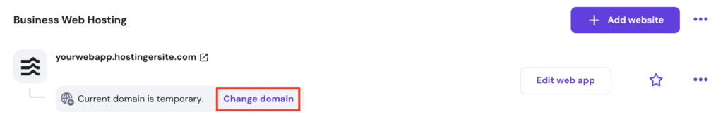 The Change domain button for a web app created with Hostinger Horizons in hPanel