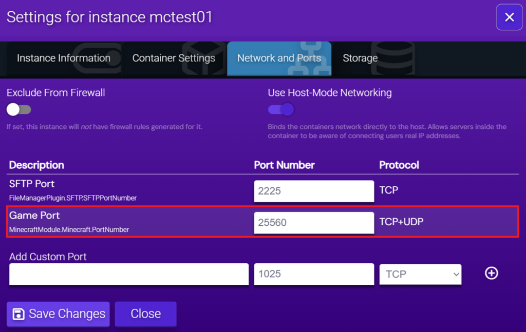 Visual of the Minecraft Java instance network configuration interface with the adjusted Game Port value highlighted.