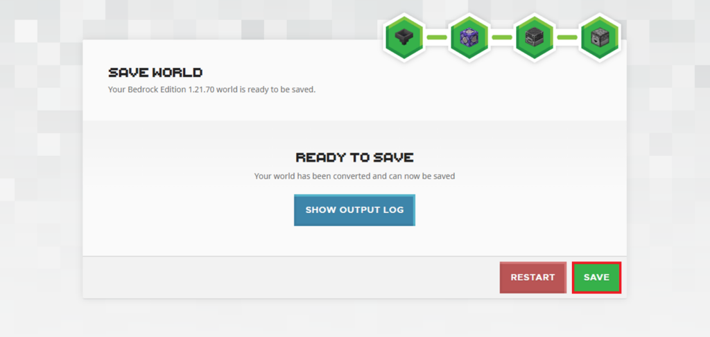 Image of Chunker after completing the world conversion process, with the Save button highlighted.