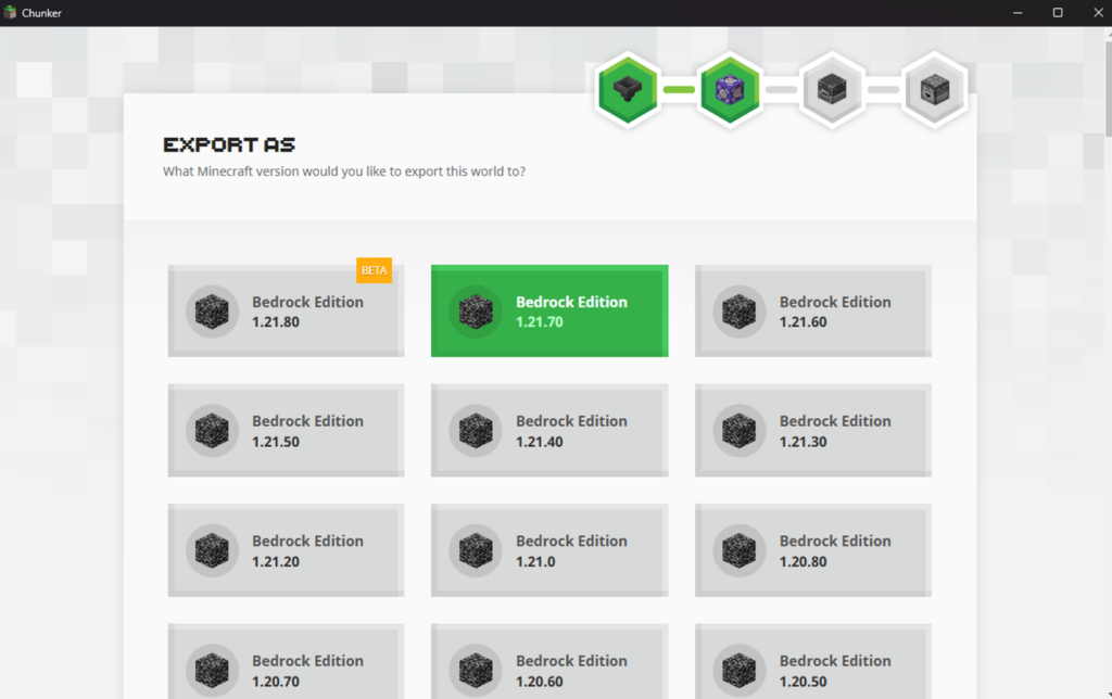 Chunker's visual interface at the "Export as" step, with the latest Bedrock version matching the server's version being selected.
