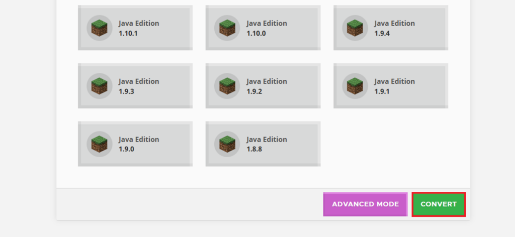 Chunker's version selection view when scrolled down to the bottom, with the Convert button highlighted.