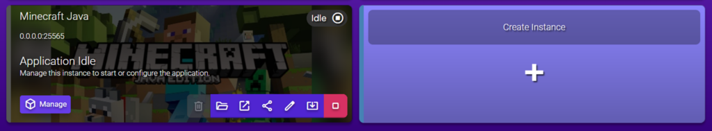 Hostinger Game Panel's instance overview with the Create Instance option present beside the stopped Minecraft Java instance.