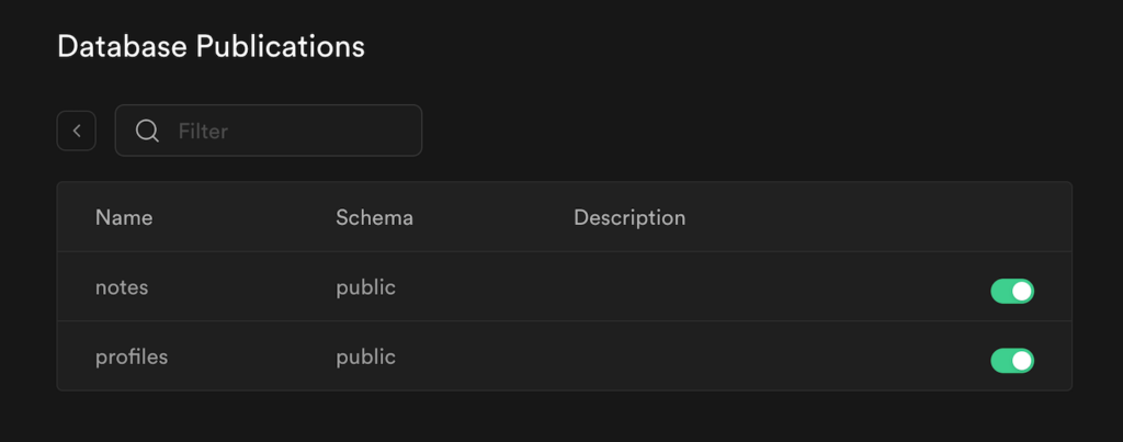 Database table replication toggles in Supabase