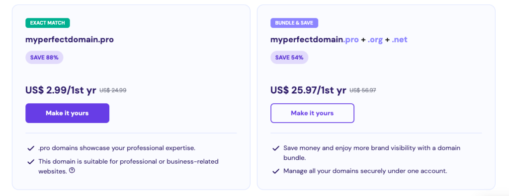 Options for purchasing a custom domain name with Hostinger with exact match and Bundle & Save option