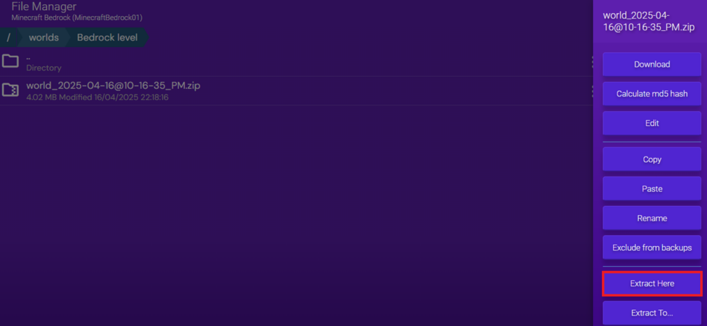 World .zip file selection options after clicking the three-dot menu, with the Extract Here button highlighted.
