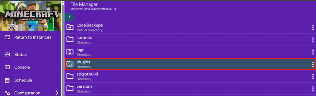 Minecraft Instance's file manager view with the plugins directory highlighted.