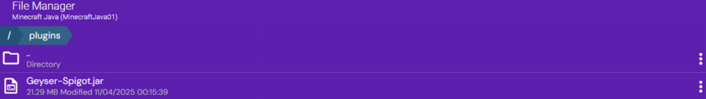 The plugins directory with an uploaded Geyser-Spigot.jar file for the GeyserMC plugin.