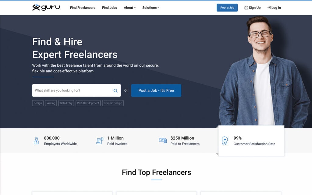 Guru homepage with search options for hiring freelancers in various fields like design and writing
