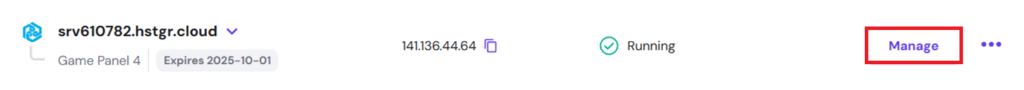 Hostinger hPanel's Game Panel VPS with the Manage button highlighted.