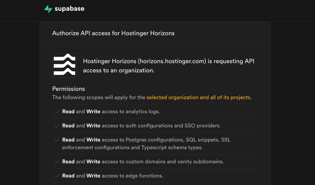 Hostinger Horizons connection authentication page in Supabase