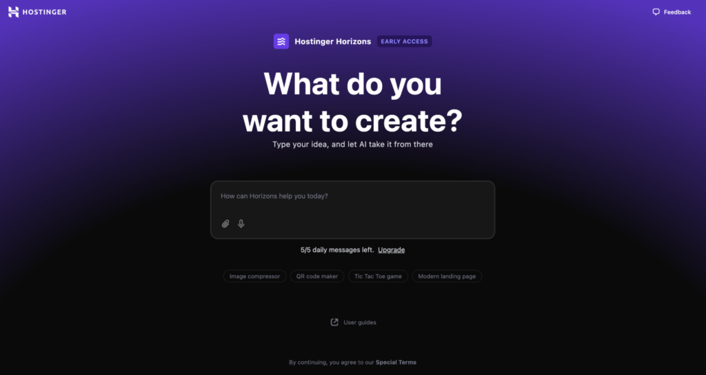 Hostinger Horizons landing page