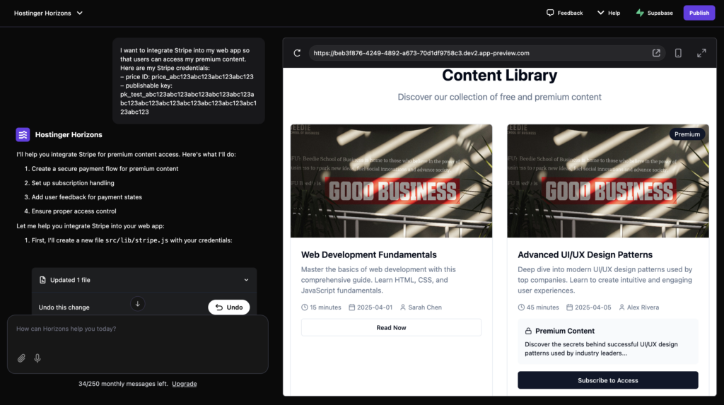 The Hostinger Horizons project dashboard