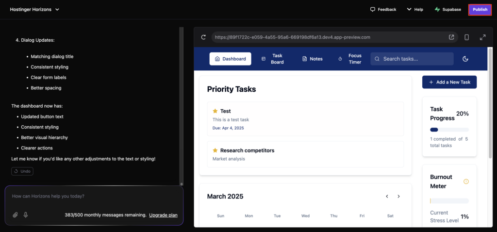 The Publish button on Hostinger Horizons editor interface
