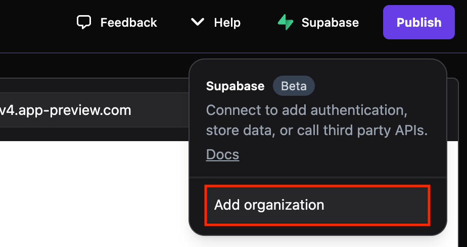 The Add organization button on Hostinger Horizons' Supabase configuration menu