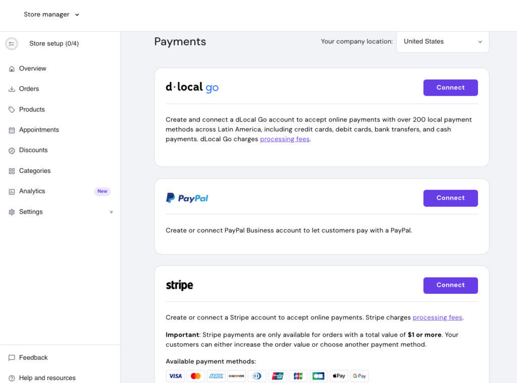 Payment options in Hostinger Website Builder's store manager