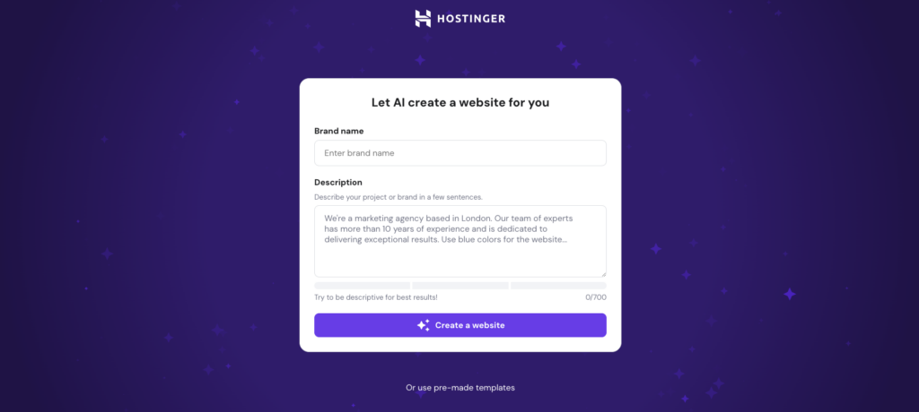 Hostinger Website Builder website setup with AI