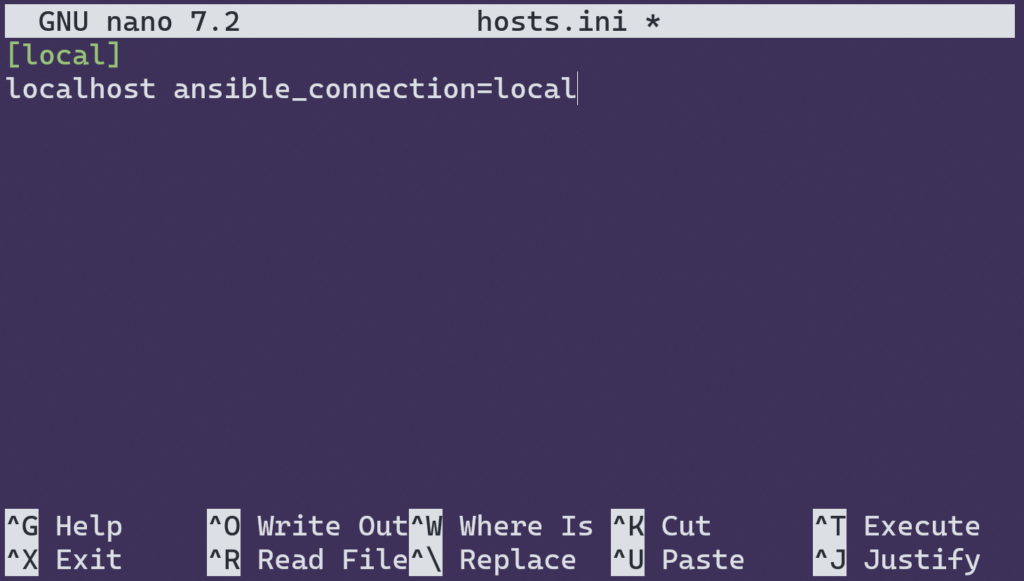 Hosts file containing localhost connection details opened in nano text editor.