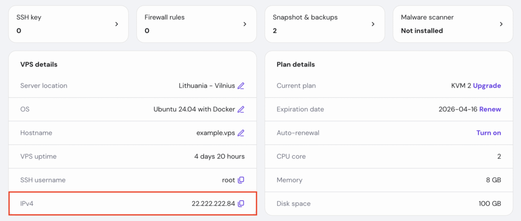 Hostinger hPanel VPS overview page with IPv4 address highlighted