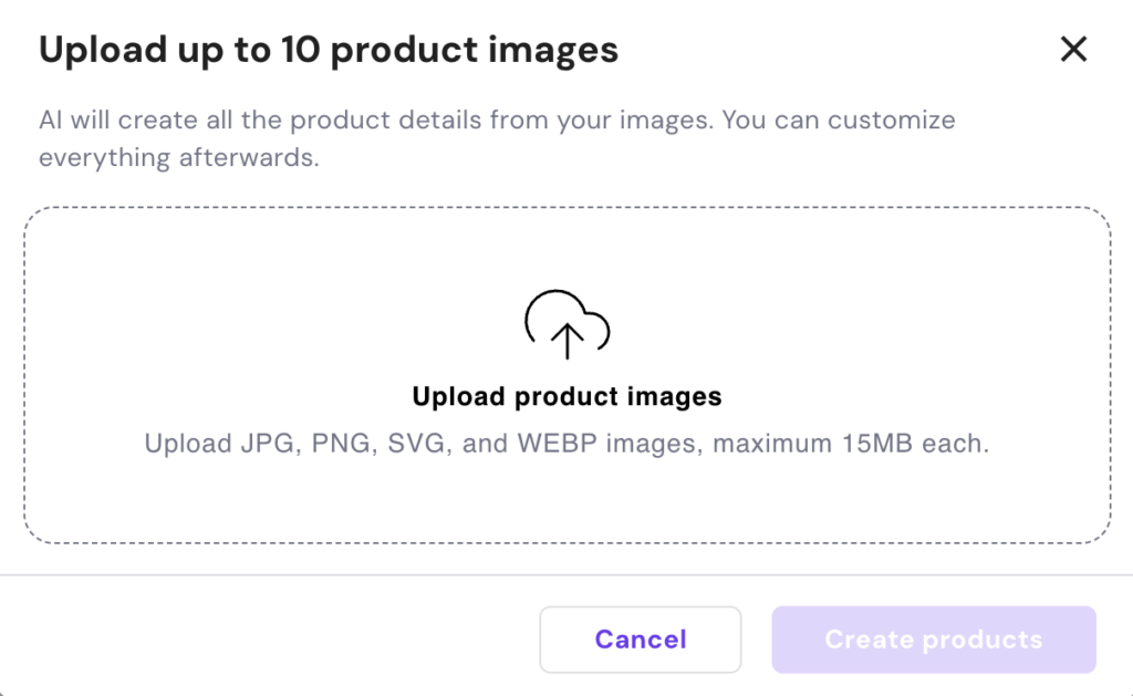 Add products panel within Hostinger Website Builder