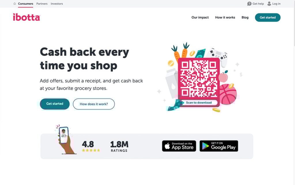 Ibotta homepage offering cashback rewards for grocery shopping after submitting receipts