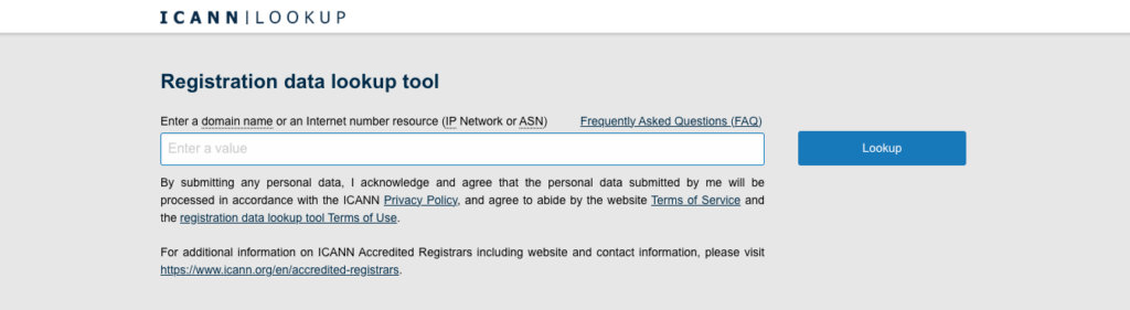 ICANN start page with a search bar for entering a domain name
