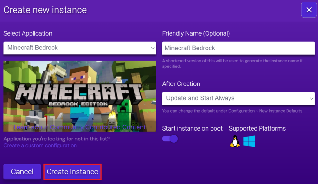 Minecraft Bedrock instance creation interface with the Create Instance button highlighted.