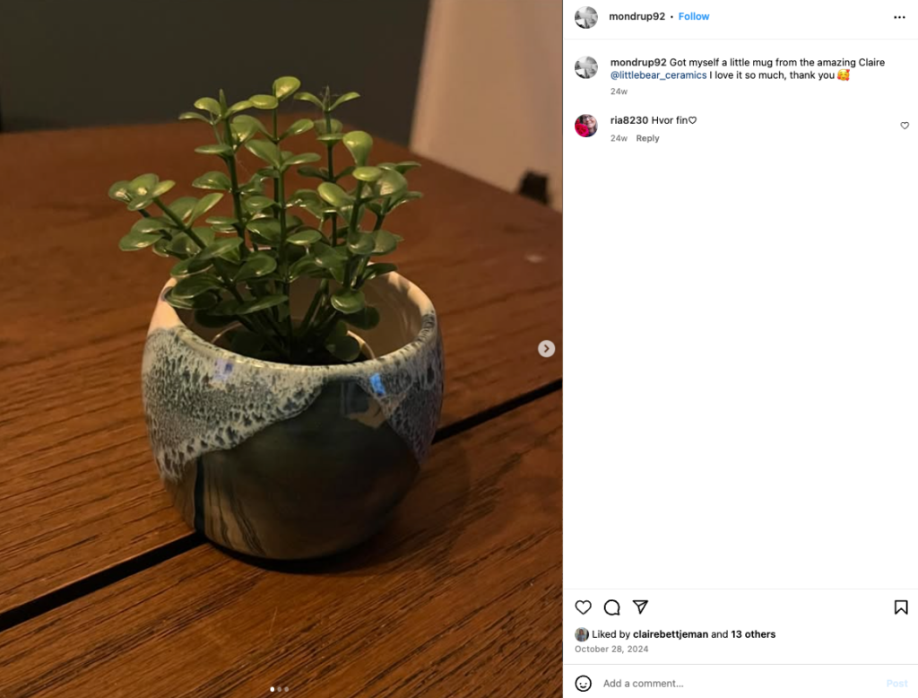 An Instagram post sharing a mug made by Little Bear Ceramics