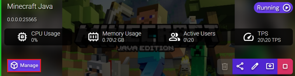 Minecraft Java instance in the Game Panel visual interface with the Manage button highlighted.