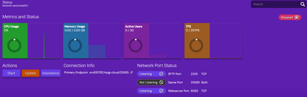 Image of a stopped Minecraft Java instance, displaying the Stopped status, metrics at 0, and an inactive Game Port.