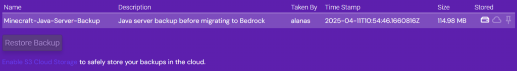Visual view of a created backup for a Minecraft server using Hostinger Game Panel's backup functionality.