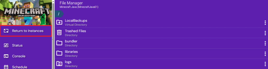 Image of the Minecraft server's file manager with Return to Instances highlighted.