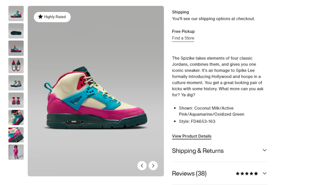 Colorful sneaker inspired by classic Jordans, featuring pink, teal, and green accents. A tribute to Spike Lee's style and culture.