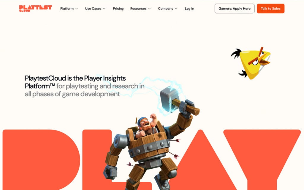 PlaytestCloud homepage providing game testing and player insights for game developers