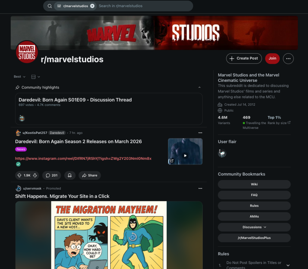 A reddit page for the Marvel community